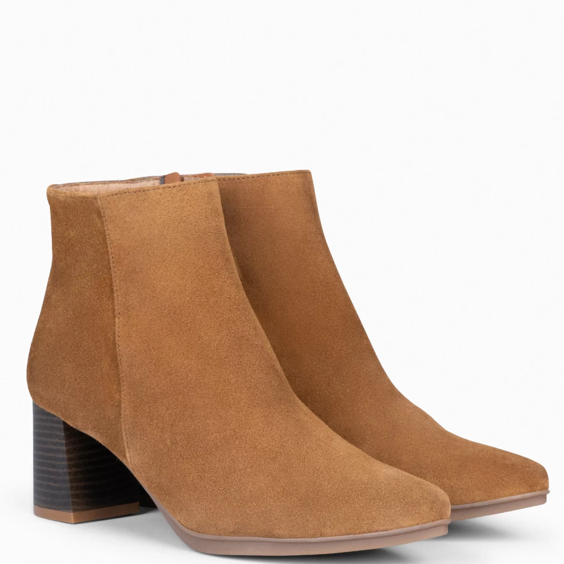 miMaO Botines De Mujer<City - Botines De Tacón Ancho Y Punta Fina Camel De Serraje